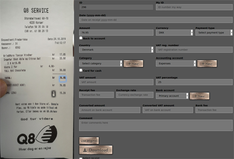 Receipt output image and detected values